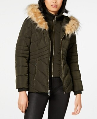 #ad Guess Women#x27;s Faux Fur Trim Hooded Puffer Coat Olive Size XS $34.99