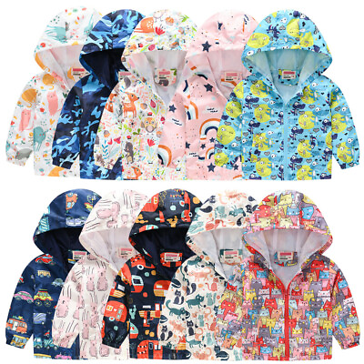 #ad US Toddler Kids Baby Grils Boys Autumn Print Jacket Zipper Hooded Windproof Coat $14.75