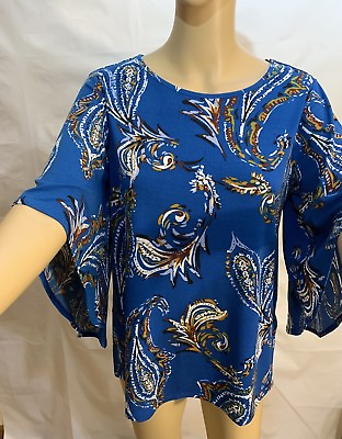 #ad NWT Chico#x27;s OPULENT PAISLEY FLARE SLEEVE TOP 3 4 Sleeve Blue Blouse Shirt Plus $10.39