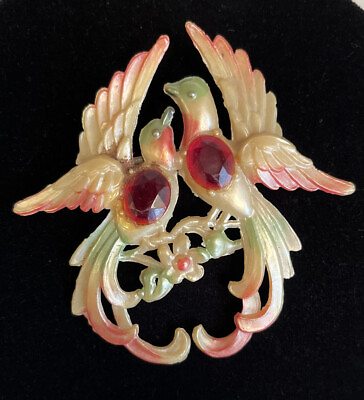 #ad Vintage Fred Grey Style Bird Duette Brooch Figural Pin Plastic Celluloid Red $39.95