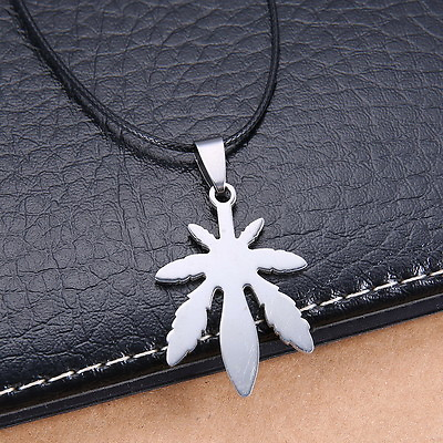 #ad Mens Unisex Stainless Steel Leather Necklace Pendant Weed Leaf L12 $8.99