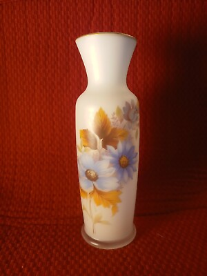 #ad Vintage White Satin Frosted Glass 8” VASE Blue Flowers Gold Trim $18.99