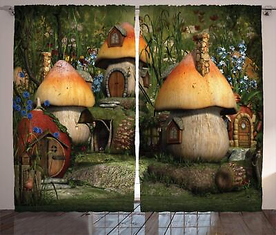 #ad Nature Curtains Mushroom Houses in Forest Fantasy Wonderland Dwarf Theme Li... $63.05