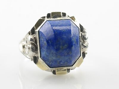 #ad Vintage Art Deco Silver Ring Lapis Gold Accent Sterling Size 10 3 4 $117.14