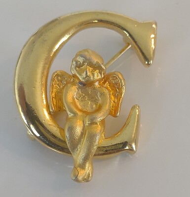 #ad Gold Toned Letter Angel Cherub Sitting on the Letter quot;Cquot; Pinback Brooch $10.00