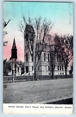 #ad Anoka Minnesota Postcard County Court House Catholic Church 1910 Vintage Antique $29.95