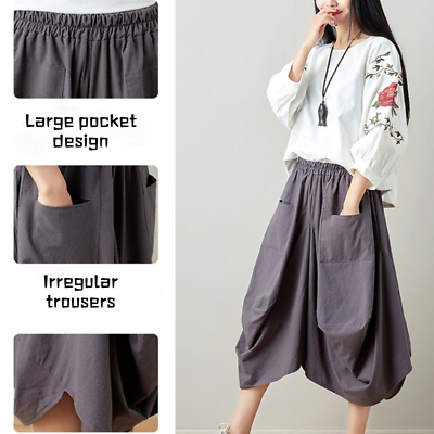 #ad Fashion Lady Cotton Linen Trousers Irregular Midi Skirt Pants Bloomers Culottes $24.68