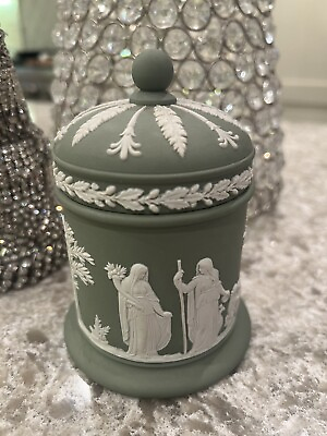#ad Wedgewood Jar Green Cherubs Goddess Small England Lidded Ornate $45.00