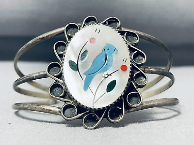 #ad ORNATE VINTAGE ZUNI INLAY TURQUOISE BLUE JAY STERLING SILVER SIZABLE BRACELET $755.99