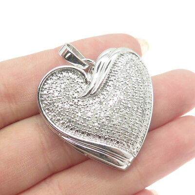 #ad 925 Sterling Silver Real Round Cut White Diamond Heart Pendant $149.95