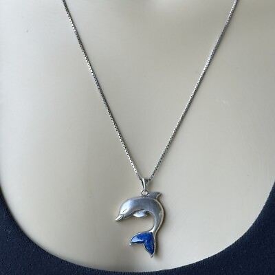 #ad LENOX Sterling Silver Dolphin Pendant Blue Lapis Tail Inlay Chain Necklace 20quot; $65.00