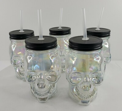 #ad Set of 5 Iridescent Glass Skull Sippers with Lid and Straw Skull Glass Cups Mugs $13.70