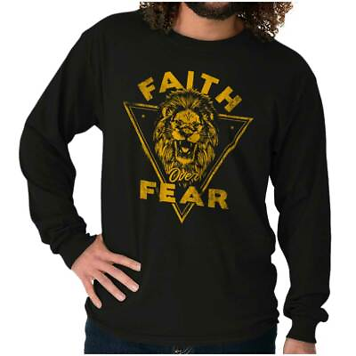 #ad Faith Over Fear Christian Lion of Judah Long Sleeve T Shirts Tees For Men $22.99