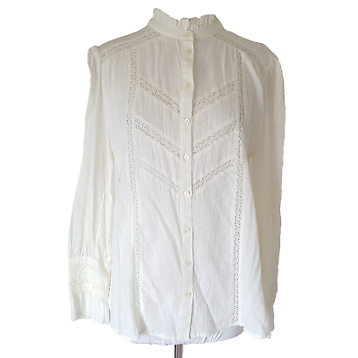 #ad Sundance Catalog Ivory Button Up Shirt Blouse Size L Boho Victorian Long Sleeve $29.00