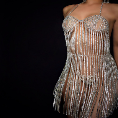 #ad New Rhinestone Tassel Sexy Hip High Split Luxury Party Halter Chain Accessorie $132.92