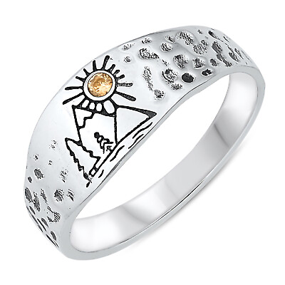#ad 8mm Mountains Tree amp; CZ Sun Engrave Band 925 Sterling Silver Sizes 5 10 $20.98