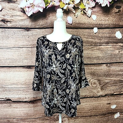 #ad Notations Women’s Black Gold Boho Floral Abstract Novelty Printed Blouse Tunic $14.95