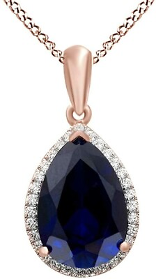 #ad Created Blue Sapphire amp; White Diamond Pendant Necklace Sterling Silver 925 $155.00