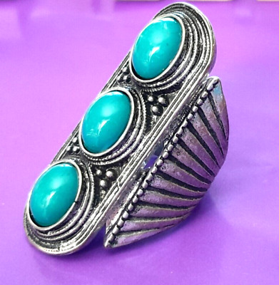 #ad Vintage Boho Simulated Turquoise Long Finger Silver Tone Costume Ring Size 7 $20.02