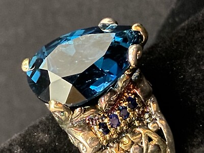 #ad Very Large Rare Natural Pear Cut London Topaz w Sapphire Accents 925 Sterling $849.99