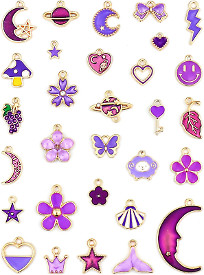 #ad 30 Pcs Mixed Enamel Purple Theme Charms Pendants for Necklace Bracelet Jewelry M $5.99