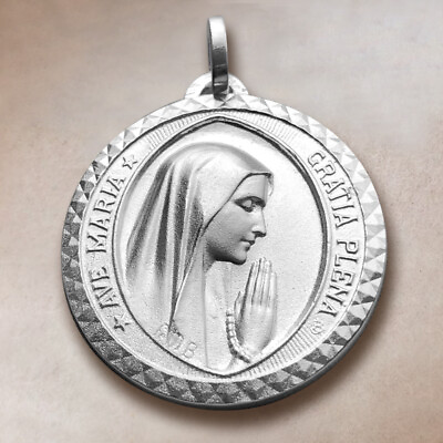 #ad Virgin Mary Medal of Lourdes Ave Maria Antique French design Sterling Silver $89.99