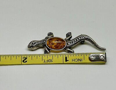 #ad Sterling Amber Gecko Lizard Brooch Pin 925 Vintage 1 3 4 Inch Tribal Style $54.97