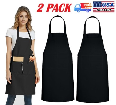 #ad 2PCS Waterproof Chef Apron Black Catering Cooking Kitchen Butcher with 2 Pocket $10.99
