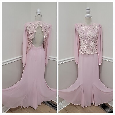#ad Vintage Maxi Dress Miss Elliette Pink Chiffon Lace Size 10 Open Back $44.99