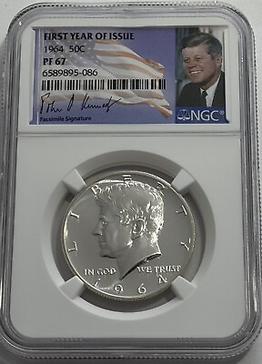 #ad 1964 NGC PF67 PROOF SILVER KENNEDY HALF DOLLAR JFK COIN FIRST YEAR OF ISSUE 50C $34.95