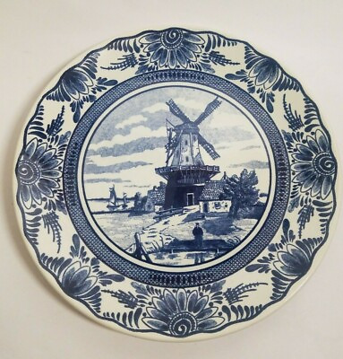 #ad Vintage Boch 9.75quot; Delft Plate Charger Scenery Windmill Sailboats Trees Water $34.95