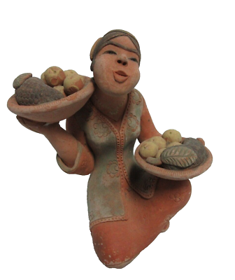 #ad Vintage Women w Braids w Bowls Food Terracotta Figurine Clay Sculpture 4.5quot; Tall $14.89