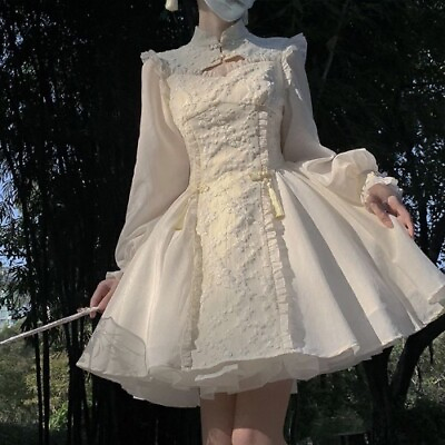 #ad Lolita White Long Sleeve Dress Cheongsams Elegant Slim Window Dress Graduation $25.38