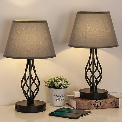 #ad Modern Set of 2 Bedside Lamps w Dual USB Port Nightstand Table Lamps w AC Outlet $42.99