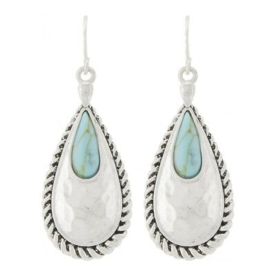 #ad 925 Silver Plated Hammered Minimalist Blue Turquoise Drop Earrings 2 inch $18.00