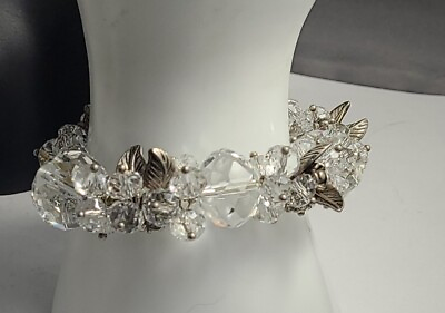 #ad Gorgeous Crystal Stretch Bracelet With Silver Leaves Flowers $80.69