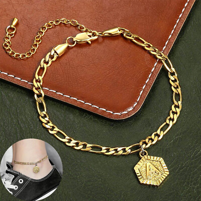 #ad 5mm Figaro Hexagon Initial Letter Charm Anklet Bracelet Gold Plated Foot chain $8.49