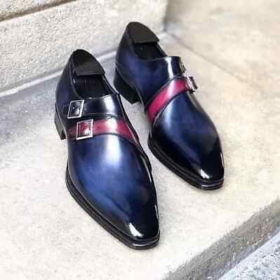 #ad Turkish Handmade Blue Black Shaded Leather Pink Double Monk Strap Wholecut Shoes $129.99
