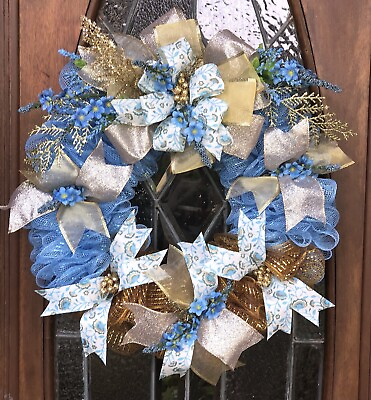 #ad Blue Gold Flower Wreath Summer Wreath Anytime Front Door Wreath Best Seller $65.00