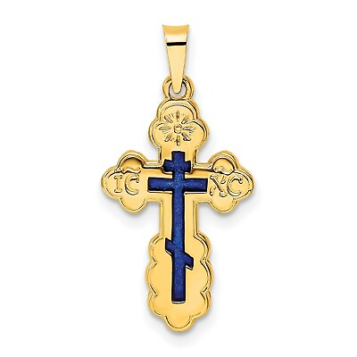 #ad 14k Yellow Gold Polished Eastern Orthodox Blue Enamel Solid Cross Pendant $175.00