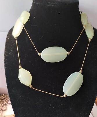 #ad vintage large flat faux gemstones 40 inch long necklace green amp; gold tone. $12.00