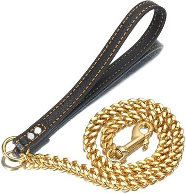 #ad 12mm Gold Silver Dog Chain Leash Stainless Steel Cuban Link Chain Leather Leash $23.99