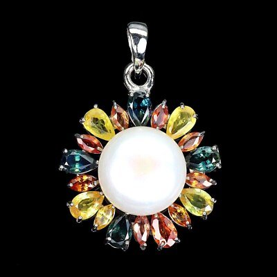 #ad Pendant Sapphire Genuine Mined Gems Pearl Solid Sterling Silver 45.7cm 18in GBP 75.99