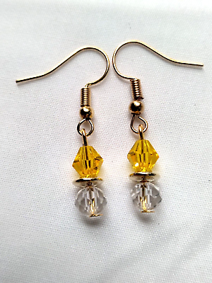 #ad Yellow Clear Glass Beaded Drop Earrings Handmade Gold Tone Hook Boho Chic Mod $5.09