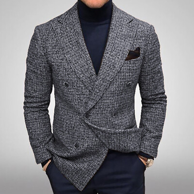 #ad Men#x27;s Plaid Business Blazer Double Breasted Jacket Casual Lapel Wearcoat Elegant $33.05