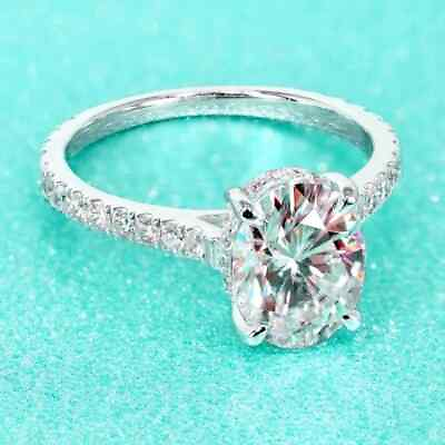#ad Valentine Gift Real Moissanite Oval Halo Engagement Ring White Gold Plated $197.09