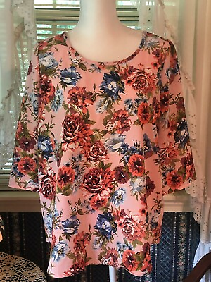 #ad Piphany SOPHIE LARGE Cross Over Blouse 3 4 Sleeve Polyester Flowers Pink Blue $15.61