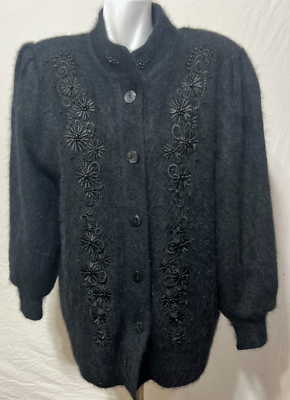 #ad Lee Sands Black Beaded Embroidered Women Cardigan Jacket Button Up One Size VTG $59.99