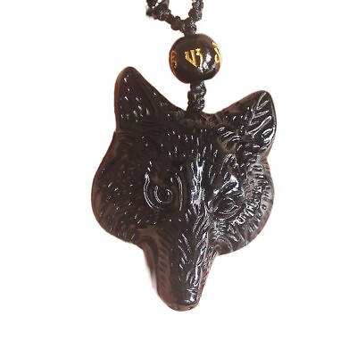 #ad Black obsidian wolf head necklace Amulet crystal pendant adjustable bead chain $9.99