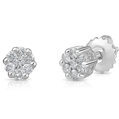 #ad 14K Solid White Gold .25ctw Natural Diamond Round Cluster Floral Studs Earrings $404.25